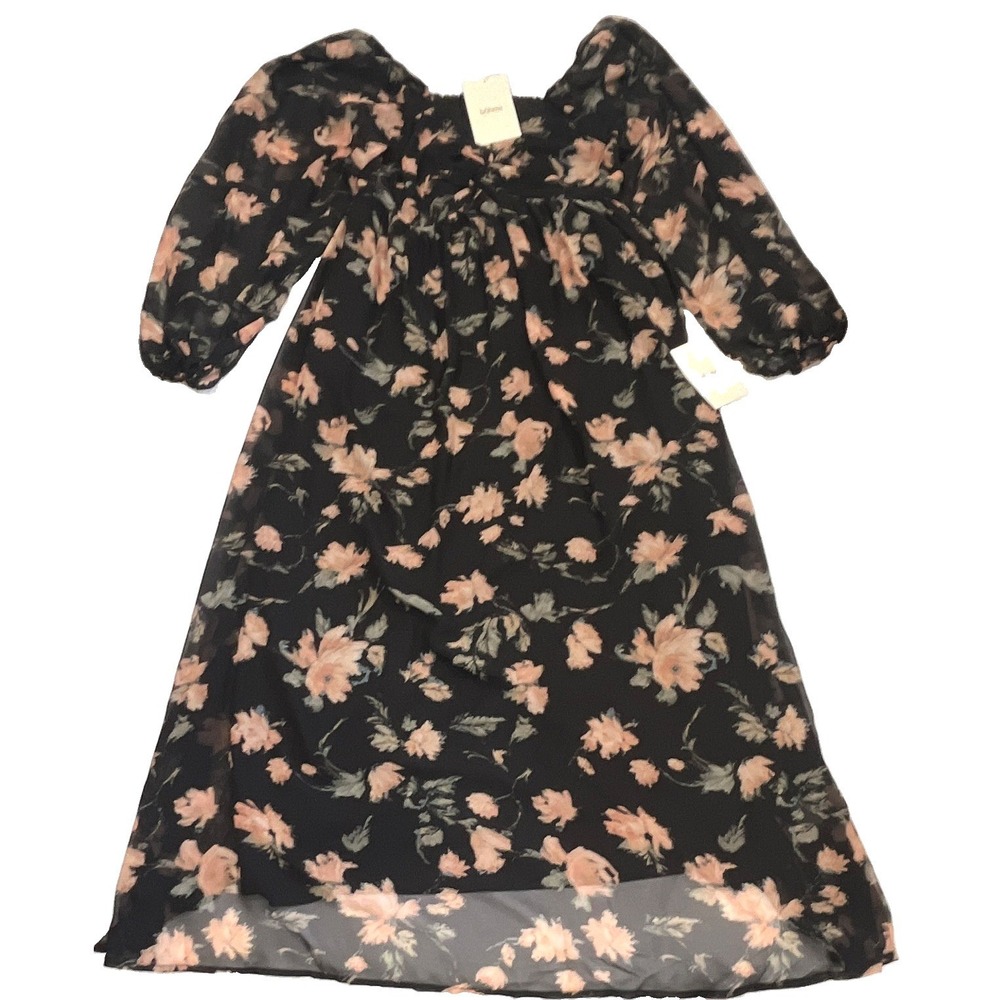 Bohme Floral Smocked Midi Dress Black Peach Balloon Sleeve Square Neck A9005D L